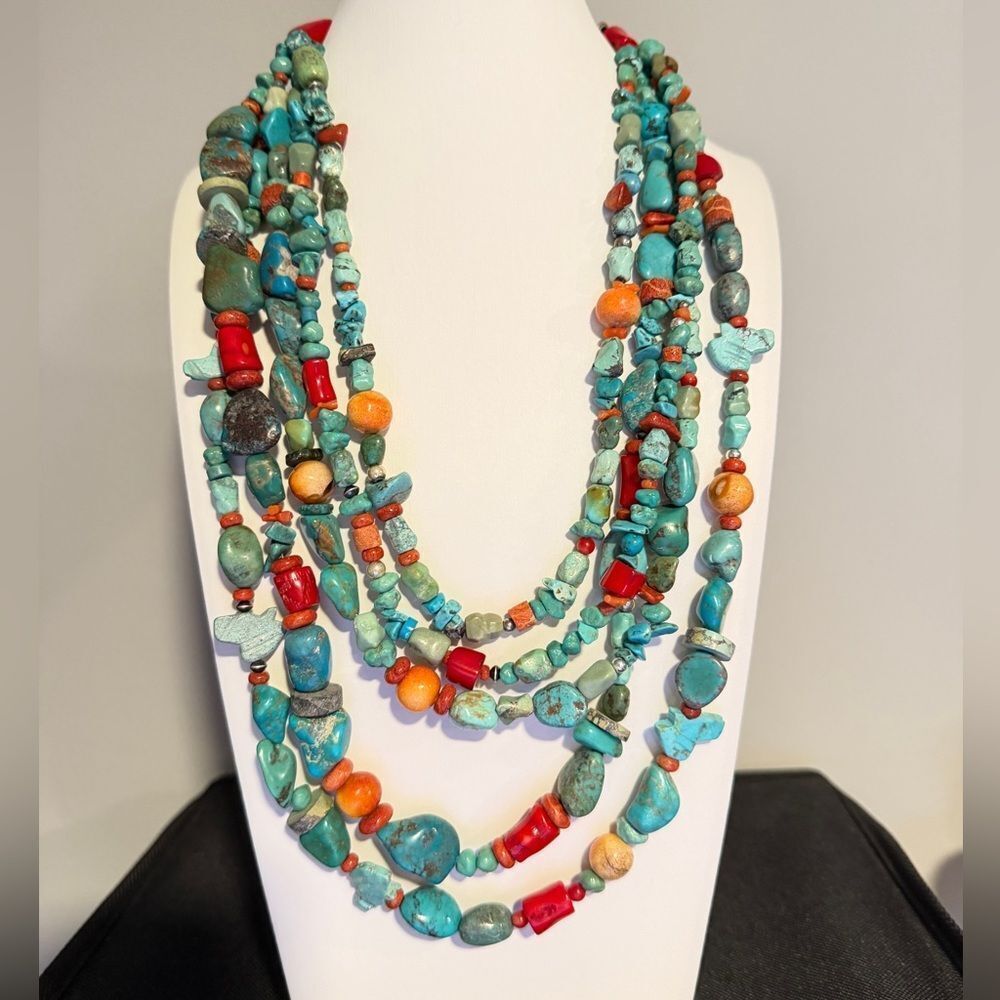 AMAZING ~20" 5 strands of Coral, Silver, TURQUOISE beads w/ VTG 925 TAXCO clasp! - Picture 11 of 13